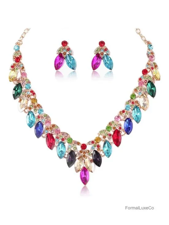 Crystal Floral Statement Necklace Earring Rhinestone Bib Collar Chunky Jewelry