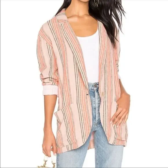 FREE PEOPLE | Simply Stripe Slouchy Boyfriend Style Blazer Linen Oversized Small