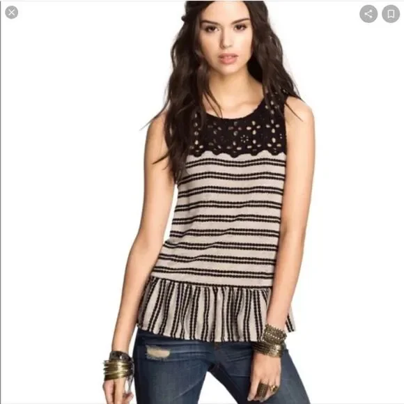 FREE PEOPLE MOLLY RETRO STRIPED PEPLUM‎ TOP IN TAN AND BLACK