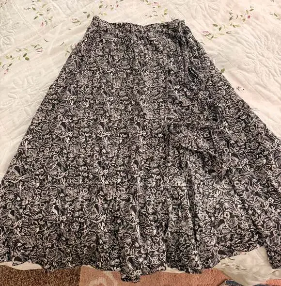 Free People Black and White Floral Print Wrap Midi Skirt