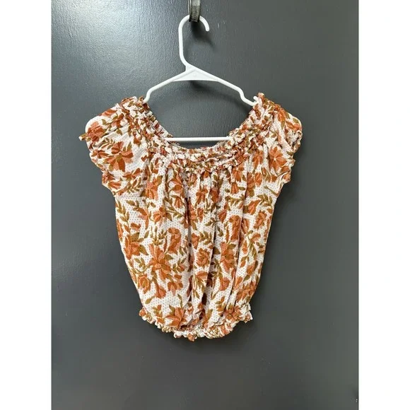 Free People One Floral Crop Mesh Sz XS Ruffle Short Sleeve