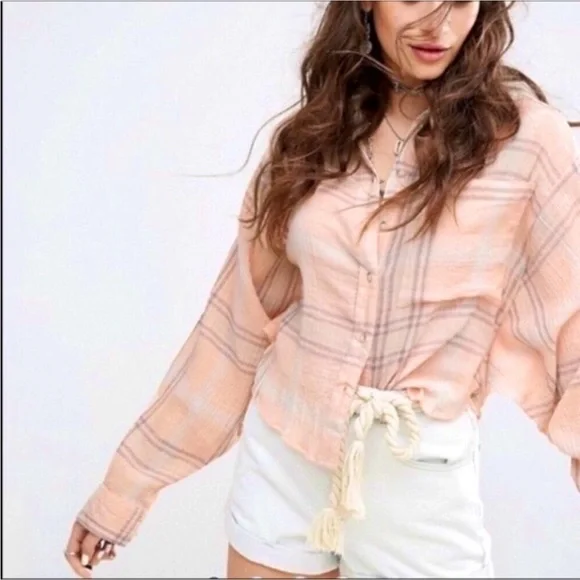 Free People Cutie Plaid Shirt Button Down Batwing Sleeve Collared Size Small