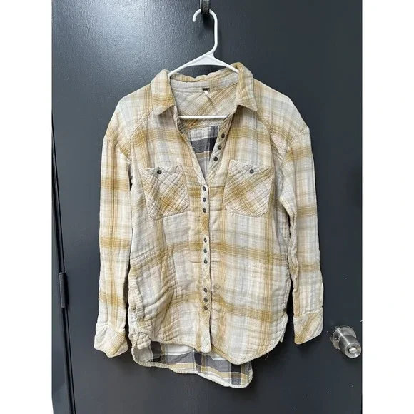 Free People Shirt Womens Sz M Long Sleeve Yellow Button Front Plaid
