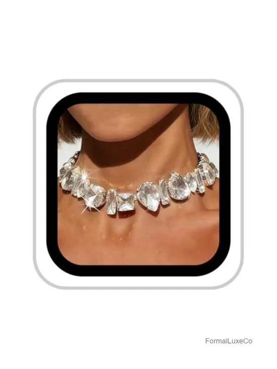 Rhinestone Choker Necklace Silver Crystal Costume Jewelry Adjustable Chain