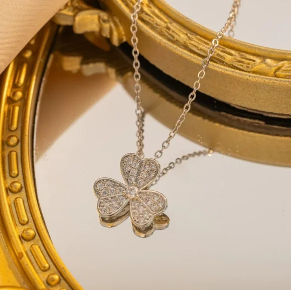 Titanium Silver Lucky Pavé 3-Leaf Clover Necklace Floral Jewelry