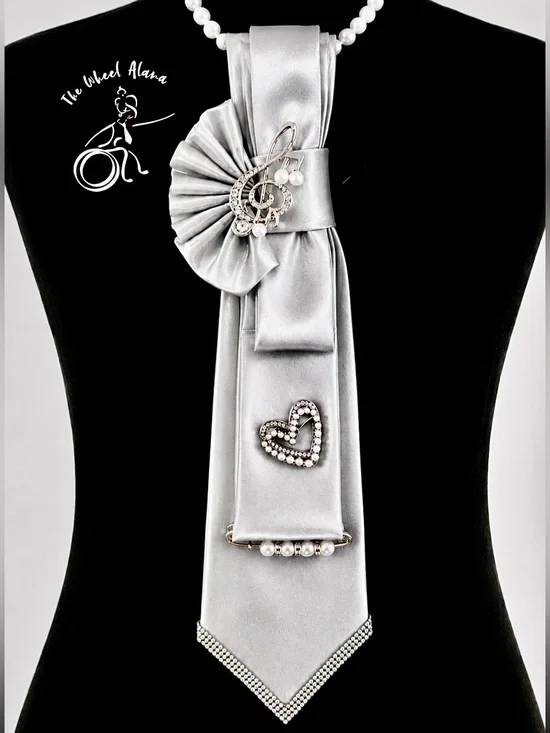 TIE NECKLACE Silver Satin with Crystal Heart, Music Brooch, and Pearl Accents