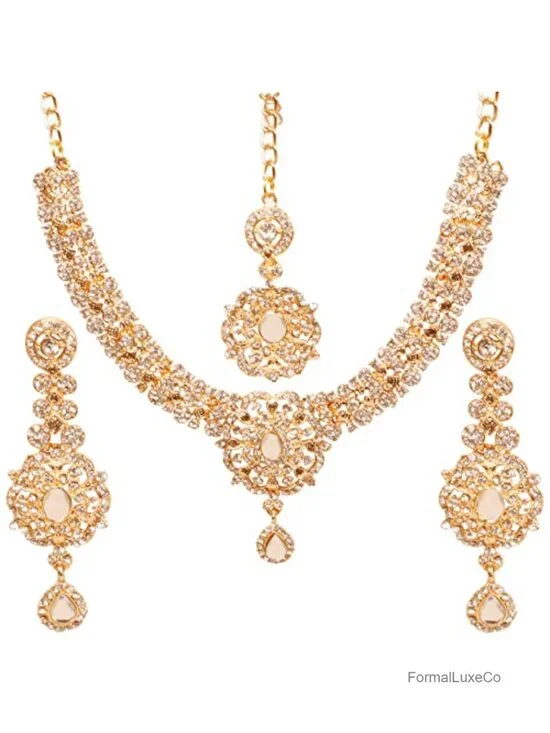Floral Rhinestone Wedding Jewelry Set Necklace Earrings Mangtika Gold Tone