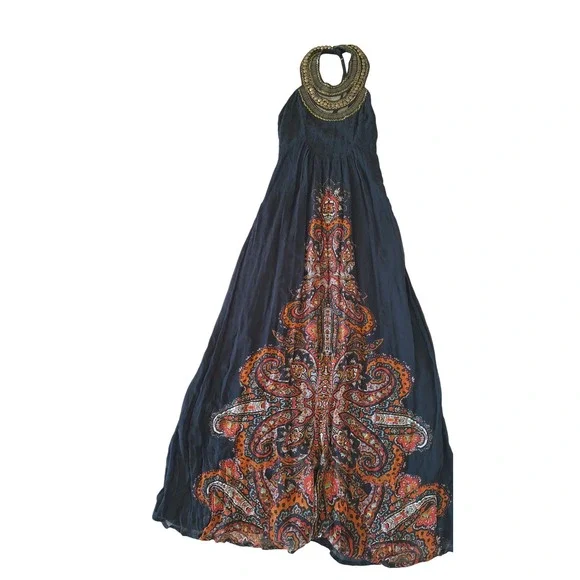 Free People Navy Blue Paisley Embellished Halter Maxi Dress Size 2 Boho Star