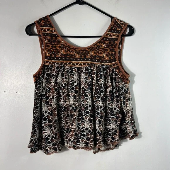 Free People Linen Blend Floral Tank Top Brown‎ Black S Back Cut Out Detail