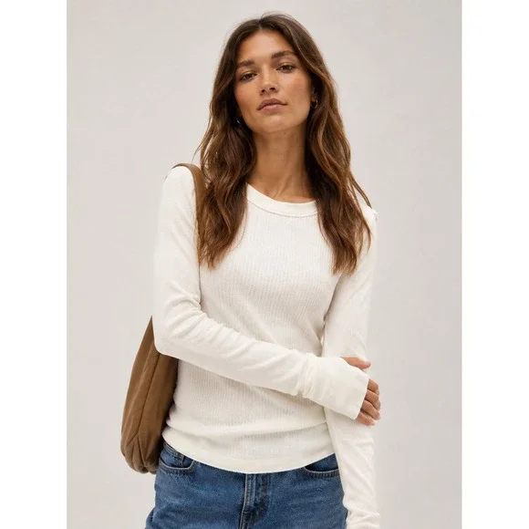 Free People Ivory Waffle Knit Long Sleeve T-Shirt NWT Sz M Honey B 100% Cotton