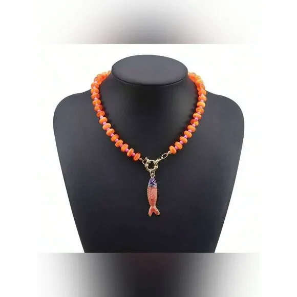 Orange Beaded Necklace with Fish Charm A1666