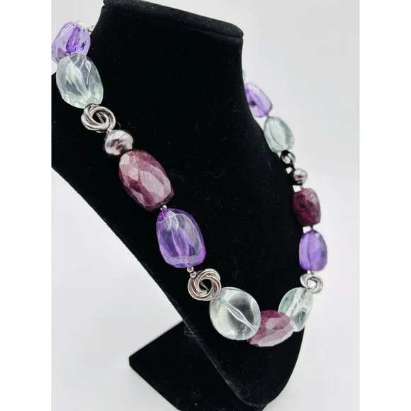 Jones New York Statement Necklace Purple Clear‎ Beaded Chunky Silver Tone Toggle