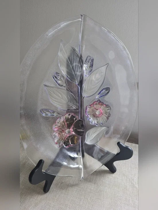 Vintage Frosted Pink Floral Glass Leaf Bowl Plate 11