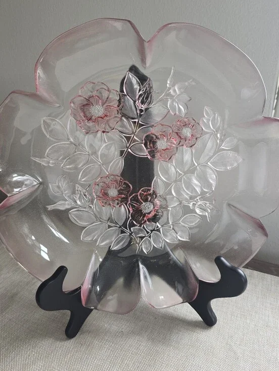 Vintage Frosted Pink Glass Floral Bowl 12