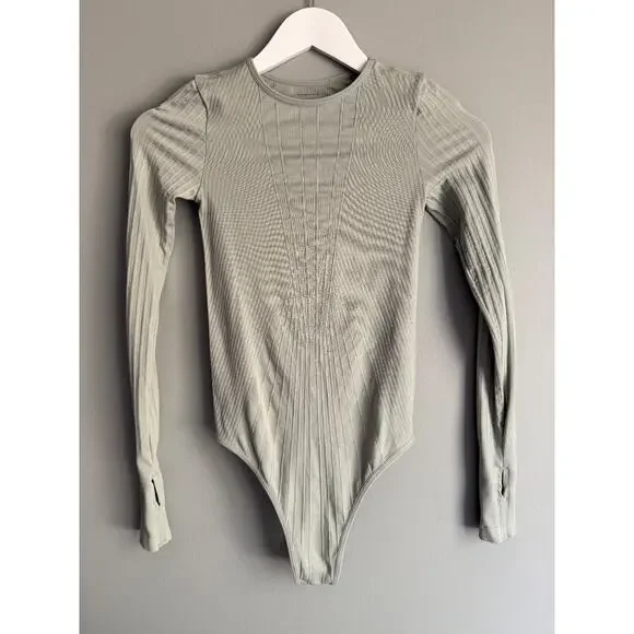 Free People Intimately Sage Green Ribbed Bodysuit Long Sleeve Snap Size XS/S