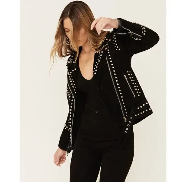 Free People Understated Leather Women's Black Dome Studded Moto Suede Ja…