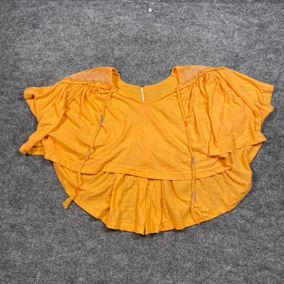 Free People Orange Embroidered Boho Peplum Top Tassel Ties XS OB410530
