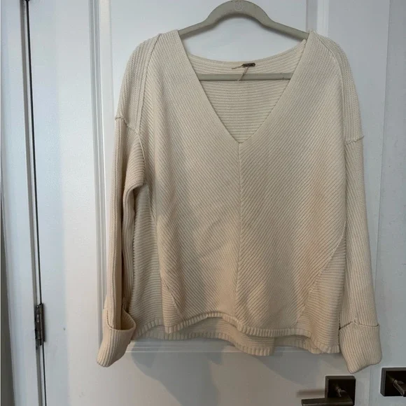 Free People La Brea Chunky Ribbed V-Neck Cream Sweater