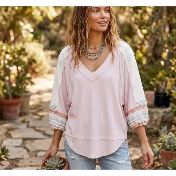 Free People Shirt Womens M Bubble Tee Tops Blouson puff Sleeves embroidered Pink