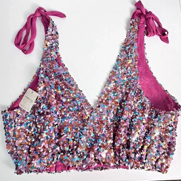 Intimately Free People NWT Size L Pink Sequin Halter Crop Top Festival Party