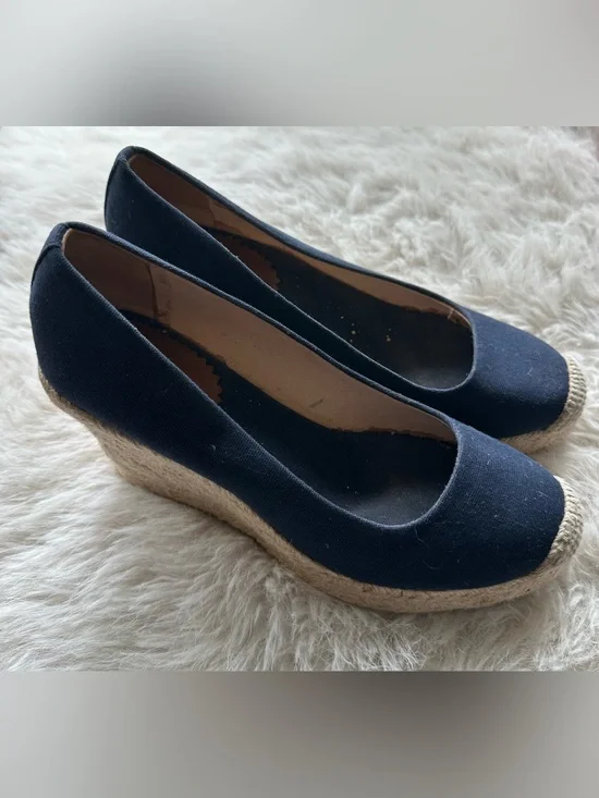 J. Crew Navy Canvas Espadrille Wedge Pumps 7 inside peeled