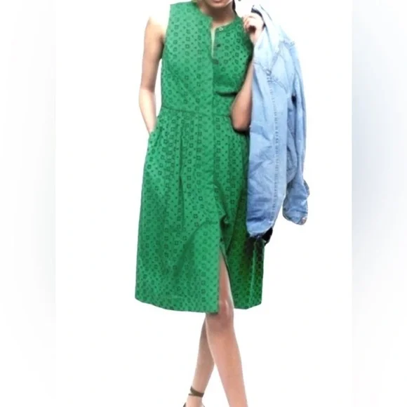 J.Crew Green Eyelet Sleeveless Button-Front Fit & Flare Dress - Sz S