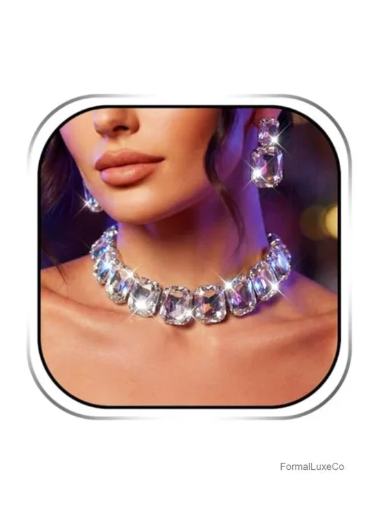 Rhinestone Choker Necklace and Earrings Set Silver Bling Crystal Statement Prom