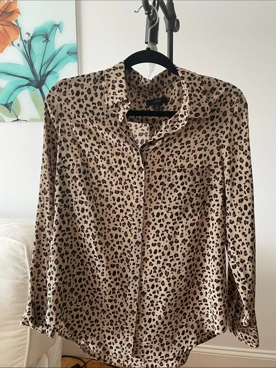 J. Crew Beige and Black Leopard-Print Silk Button-Down Shirt