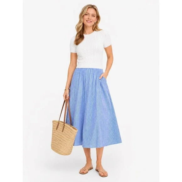 J.Crew Pleated Midi Skirt Size 0 Blue White Stripe Preppy Coastal Nautical Sail