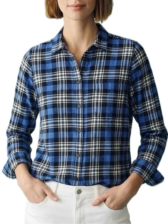 J. Crew Womens Plaid Long Sleeve Button Down Shirt Boy Fit Size 8 Blue Stretch