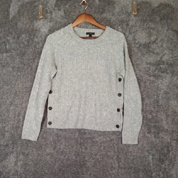 J. Crew Wool Blend Heather Gray Cable Knit Sweater With Side Buttons Sz Small