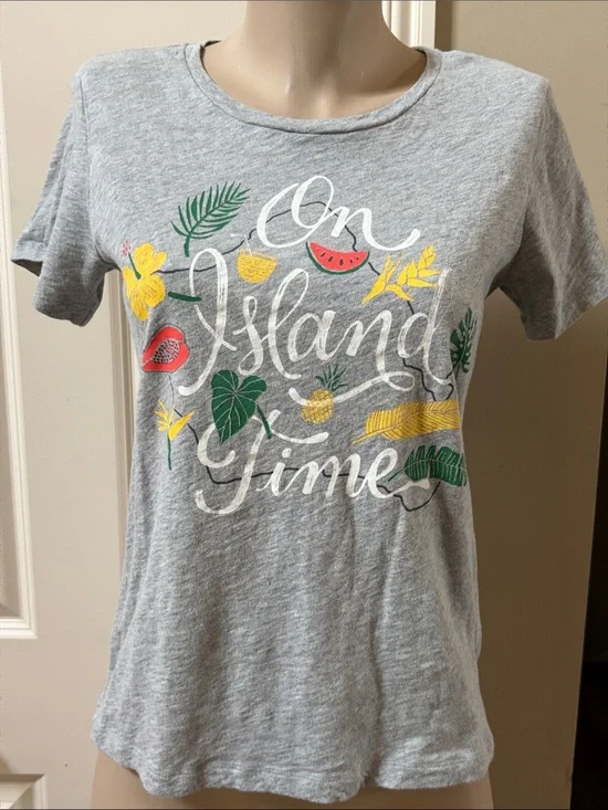 J. Crew Collectors Tee Gray 'On Island Time' Graphic with Tropical Prints, med