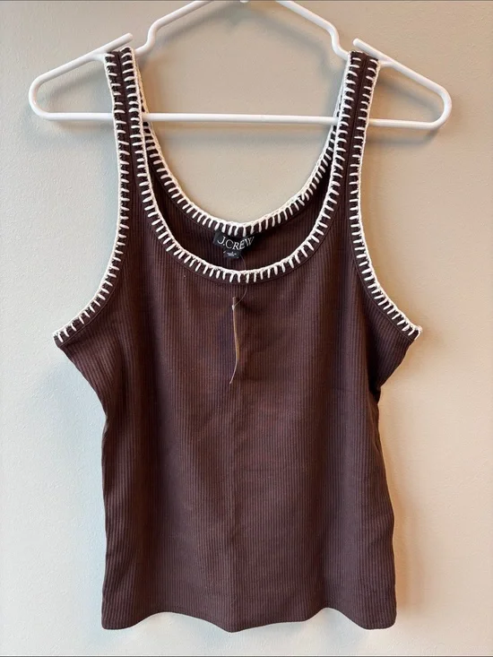 J. Crew Brown Ribbed Tank with White Whipstitch Trim
