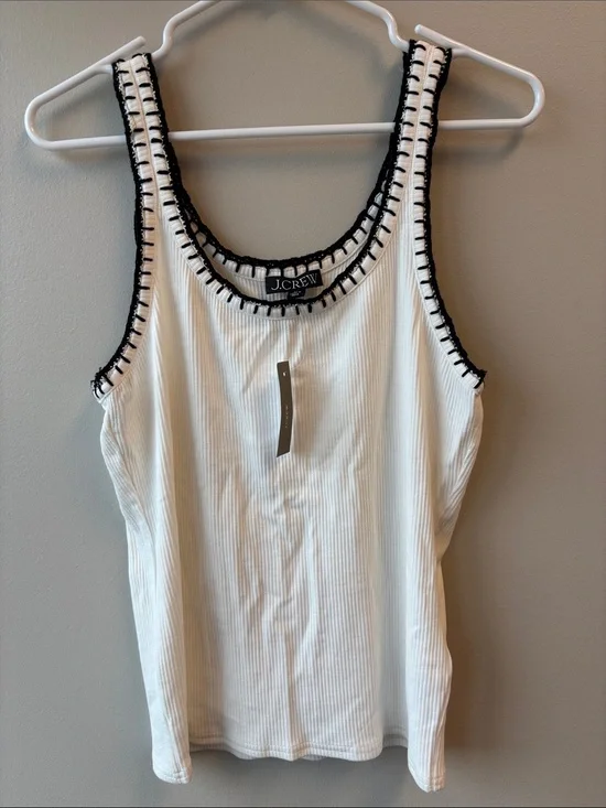 J. Crew White Ivory Ribbed Tank with Black Crochet Trim