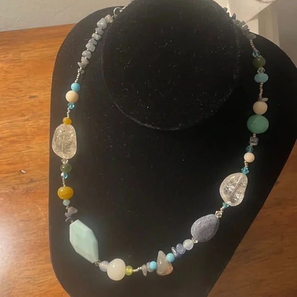 Asymmetrical Multi-Stone Natural Beaded Necklace - blue 💙 green 💚‎