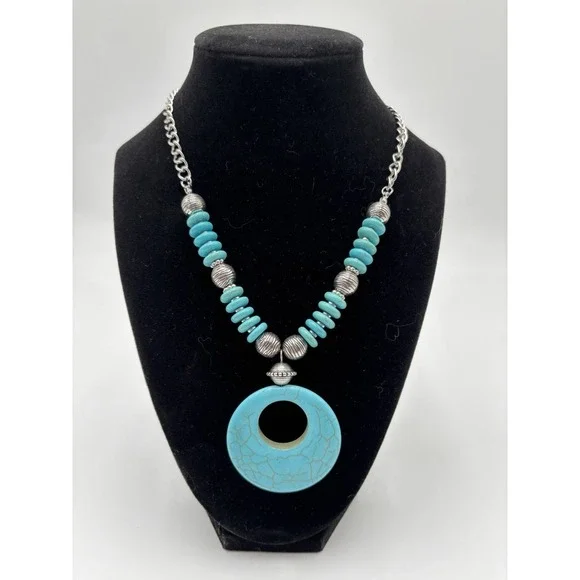 Turquoise‎ Statement Necklace Large Donut Pendant Silver Tone Beaded Chunky
