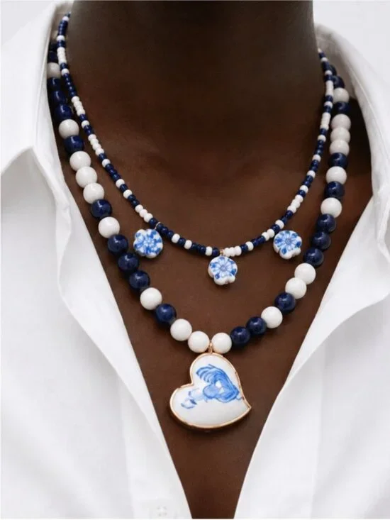 New! Coastal Blue Beaded Oil Drip Necklace Stack Set NWOT 5001