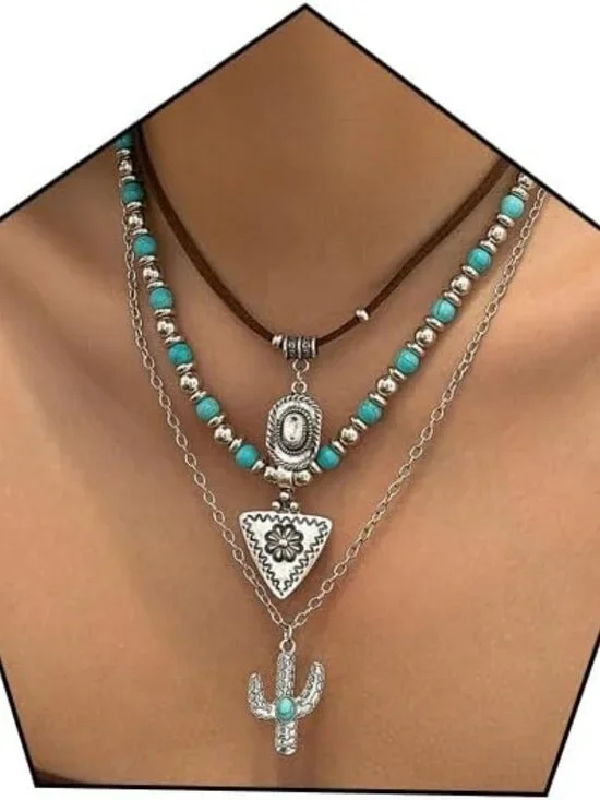 Silver Layered Boho Turquoise Necklace Horseshoe Cactus Western Cowgirl