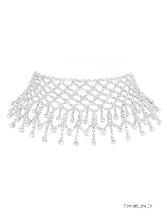 Crystal Rhinestone Choker Necklace with Tassel Elegant Collar Necklace