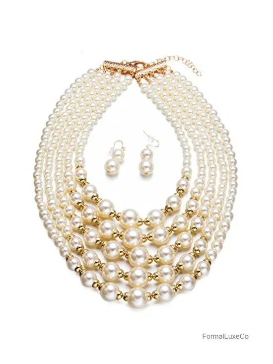 Faux Pearl Bead Cluster Collar Bib Choker Necklace and Earrings Set