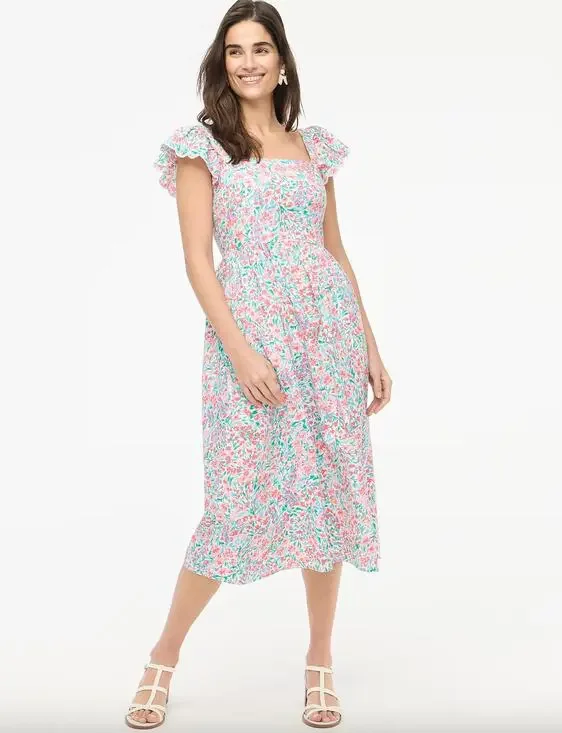 J.Crew Ruffle Sleeve Midi Dress Floral Cotton A Line Cottagecore US 8 NWT