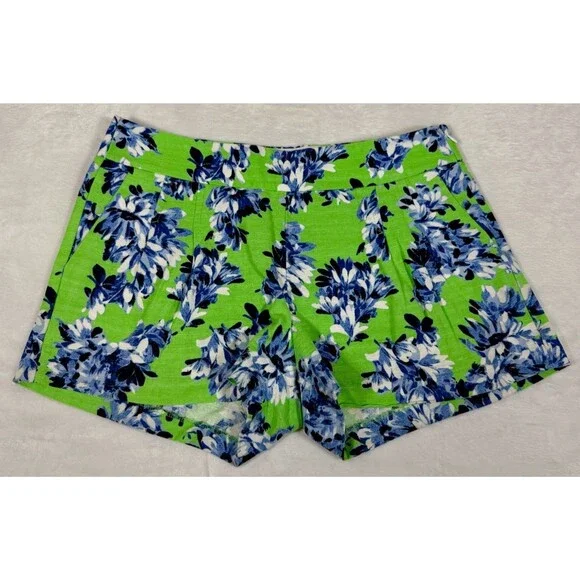 J.Crew Womens Shorts Sz 6 Linen Blend Green Blue Floral Print Pleated Front