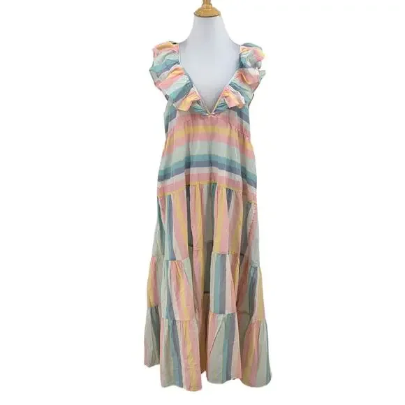 J Crew Dress Womens XL Extra Small Multi Cotton Tiered Ruffle Stripe Beach Cover