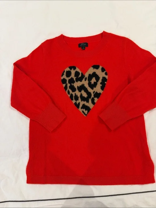 J. Crew Red cashmere Heart Leopard-Accent Sweater