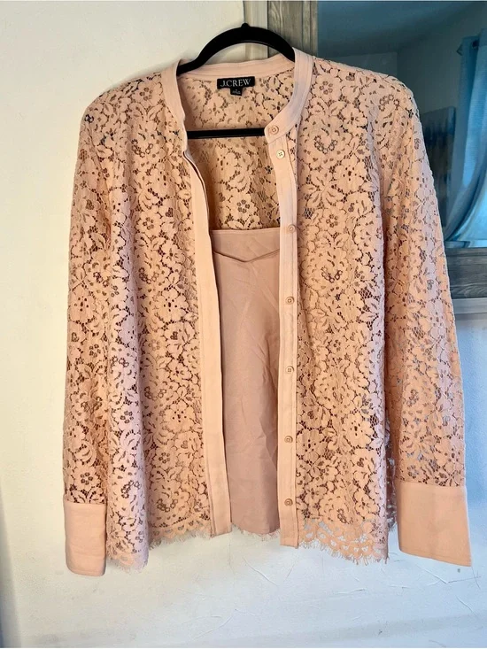 J. Crew Blush Lace Button-Up Cardigan with Shell