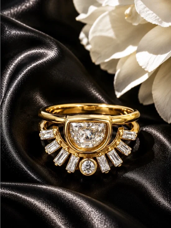 Gold plated Sunburst Crystal Ring Set