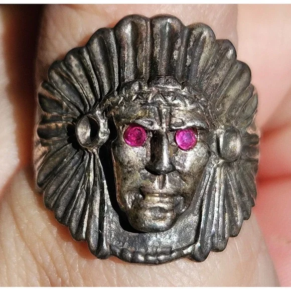 3D Chief Head Biker Sterling Silver Men's Ring Ruby Eyes Size 10.75 NA Large