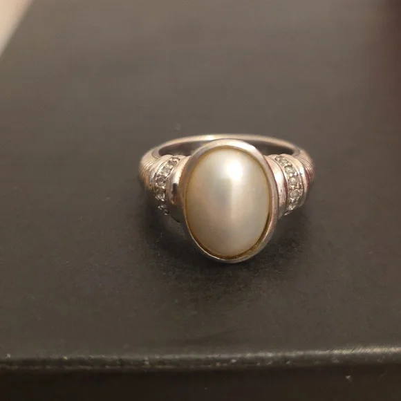 Judith Ripka White Pearl Cabochon Ring with Clear Accents