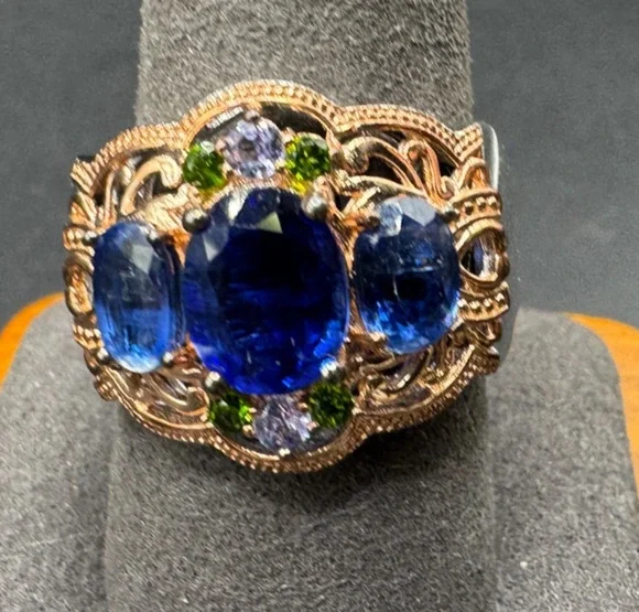 Vtg 925 Sterling Silver Rose Two Tone Blue Sapphire Oval 3 Stone Ring Sz 10 NWT