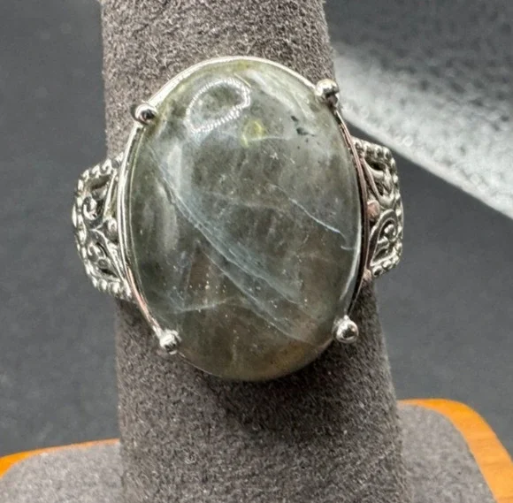 Vtg STS Karis Sterling Silver 925 Labradorite Oval Cocktail Ring Size 7